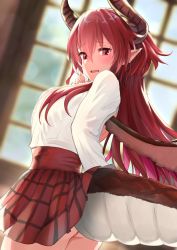 Rule 34 | 1girl, alternate hair length, alternate hairstyle, dragon girl, dragon horns, dragon tail, dragon wings, dutch angle, granblue fantasy, grea (shingeki no bahamut), hair between eyes, highres, horns, indoors, looking at viewer, manaria friends, open mouth, pointy ears, red eyes, red hair, red skirt, school uniform, shingeki no bahamut, shirt, skirt, solo, standing, tail, white shirt, window, wings, zauberburg