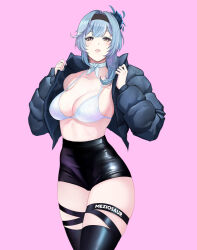 Rule 34 | 1girl, alternate costume, artist name, black hairband, black jacket, black shorts, black thighhighs, blue choker, blue hair, bra, breasts, brown eyes, choker, clothes writing, commentary, cowboy shot, eula (genshin impact), genshin impact, hair ornament, hairband, high-waist shorts, jacket, large breasts, long hair, long sleeves, looking at viewer, meziosaur, open clothes, open jacket, parted lips, pink background, short shorts, shorts, simple background, solo, standing, stomach, thigh strap, thighhighs, thighs, underwear, white bra