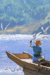 Rule 34 | 1boy, bird, blonde hair, blue tunic, bo oj0916, boat, facing away, flock, flying, groin, highres, link, low ponytail, male focus, medium hair, nintendo, outdoors, outstretched hand, sitting, solo, the legend of zelda, the legend of zelda: breath of the wild, water, watercraft