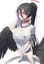 Rule 34 | 1girl, absurdres, black choker, black hair, black wings, blue archive, blue footwear, blue shorts, breasts, choker, closed mouth, clothes writing, collarbone, feathered wings, foreshortening, gym shirt, gym shorts, gym uniform, hair between eyes, halo, hasumi (blue archive), hasumi (track) (blue archive), highres, kneehighs, large breasts, large wings, long hair, looking at viewer, low wings, mole, mole under eye, official alternate costume, ponytail, red eyes, red halo, see-through, shirt, shirt tug, shoes, short shorts, short sleeves, shorts, skimun, sneakers, socks, solo, standing, sweat, very long hair, wet, wet clothes, wet shirt, white background, white shirt, white socks, wings, wiping sweat