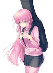Rule 34 | 1girl, absurdres, black skirt, blue eyes, bocchi the rock!, breasts, commentary, cowboy shot, eyes visible through hair, gotoh hitori, guitar case, highres, instrument case, instrument on back, jacket, long hair, long sleeves, looking at viewer, miniskirt, moon (restire), pants, pants under skirt, parted lips, pink hair, pink jacket, pink pants, pleated skirt, simple background, skirt, small breasts, solo, track jacket, white background, zipper