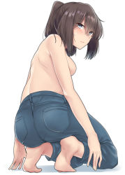 Rule 34 | 1girl, absurdres, akizuki (kancolle), arms at sides, ass, back, barefoot, blue eyes, blush, breasts, brown hair, closed mouth, denim, from behind, full body, highres, jeans, kantai collection, kiritto, kneeling, long hair, looking at viewer, pants, pantylines, pocket, ponytail, shoulder blades, sideboob, simple background, smile, solo, sweatdrop, topless, white background