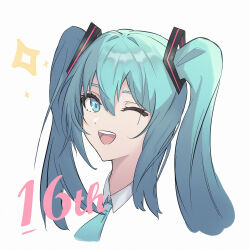Rule 34 | 1girl, aqua eyes, aqua hair, aqua necktie, commentary, hatsune miku, highres, long hair, looking at viewer, necktie, one eye closed, open mouth, portrait, shijinconghua, simple background, smile, solo, sparkle, teeth, twintails, vocaloid, white background