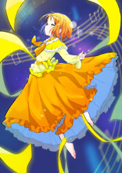Rule 34 | 1girl, absurdres, amesafu, choker, closed eyes, commentary request, cure muse (yellow), dress, eyelashes, gradient background, henshin, highres, magical girl, orange dress, orange hair, precure, shirabe ako, short hair, solo, suite precure, transformation, yellow choker