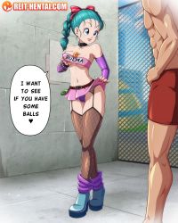 Rule 34 | 1boy, 1girl, alley, aqua eyes, aqua hair, bare shoulders, belt, belt buckle, between breasts, black collar, black thighhighs, blue eyes, blue hair, bow, bracelet, braid, grabbing another&#039;s breast, breasts, buckle, bulma, cameltoe, chain-link fence, clothes lift, collar, collarbone, come hither, crossed legs, dragon ball, english text, eyebrows, eyelashes, eyeshadow, facing viewer, fence, fingerless gloves, fishnet thighhighs, fishnets, full body, garter belt, garter straps, gloves, grabbing, green hair, groin, hair bow, hair ornament, heart, high heels, highres, jewelry, legs together, lifted by self, lips, lipstick, looking at another, makeup, medium breasts, microskirt, midriff, miniskirt, muscular, nail polish, navel, panties, parted lips, pink lips, pink skirt, platform footwear, pleated skirt, prostitution, purple eyeshadow, purple gloves, purple panties, red bow, red nails, reit, shiny clothes, shiny skin, single braid, skirt, skirt lift, solo focus, speech bubble, spiked bracelet, spikes, spoken heart, standing, strapless, text focus, thighhighs, thighs, tube top, underboob, underwear, wall, watermark, watson cross, web address
