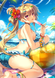 Rule 34 | 1girl, :p, ahoge, anger vein, anklet, ass, ball, barefoot, beach, beachball, bikini, blonde hair, blue bikini, bow, bracelet, capura lin, choker, cloud, day, flower, food, frilled bikini, frills, hair flower, hair ornament, hairclip, hibiscus, jewelry, long hair, looking back, original, outdoors, palm tree, pink eyes, polka dot, polka dot bikini, polka dot swimsuit, ponytail, popsicle, shiny skin, sky, soles, solo, swimsuit, thigh strap, tongue, tongue out, tree