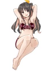 Rule 34 | 1girl, alternate costume, armpits, arms behind head, barefoot, bikini, black hair, breasts, colored inner hair, commentary request, highres, invisible chair, kantai collection, large breasts, ld (luna dial398), long hair, multicolored bikini, multicolored clothes, multicolored hair, naganami (kancolle), pink hair, ribbon, simple background, sitting, solo, swimsuit, two-tone hair, wavy hair, white background, yellow ribbon
