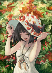 Rule 34 | 1girl, bead necklace, beads, black ribbon, blunt bangs, bob cut, bow, bracelet, breasts, brown eyes, bush, collarbone, commentary request, dream catcher, dress, falling petals, feathers, flower, flower request, hands up, hat, hat bow, highres, holding, holding clothes, holding hat, jewelry, lace, lace-trimmed dress, lace trim, leaf, looking at viewer, medium hair, mille (dieci), mole, mole under eye, necklace, one eye closed, open mouth, original, petals, red flower, ribbon, sleeveless, sleeveless dress, small breasts, solo, sun hat, white dress, white flower, white hat