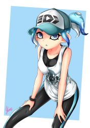 Rule 34 | 1girl, :o, artist name, baseball cap, black leggings, black shirt, blue eyes, blue hairband, blue headwear, blue theme, blue tongue, bracelet, colored tongue, commentary request, dutch angle, fangs, hairband, hands on thighs, hat, highres, inkling (language), jewelry, leaning forward, leggings, logo, looking at viewer, nintendo, octoling, octoling girl, octoling player character, parted lips, partial commentary, pointy ears, print headwear, print shirt, shirt, short ponytail, signature, single vertical stripe, solo, splatoon (series), splatoon 2, standing, suction cups, tank top, white shirt, yuito (yuitokobunasbs0)