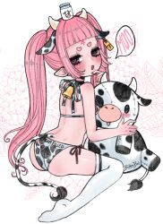 :o animal_costume animal_ears animal_print bell bikini bitter-bat blush bottle cow_costume cow_ears cow_girl cow_horns cow_print cow_print_bikini cow_tail cowbell ear_tag heart-shaped_eyebrows holding holding_stuffed_toy horns milk milk_bottle neck_bell original pink_hair print_bikini socks stuffed_animal stuffed_toy swimsuit tail twintails white_background white_socks