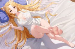 Rule 34 | 1girl, absurdres, animal ears, barefoot, bed, blonde hair, feet, highres, light blush, long hair, looking at viewer, lying, on back, parted lips, soles, toes, wings, yellow eyes