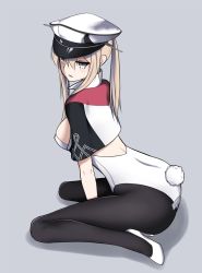 Rule 34 | 1girl, armedshipyard, ass, black pantyhose, blonde hair, bow, bowtie, breasts, capelet, celtic knot, graf zeppelin (kancolle), grey background, grey eyes, hair between eyes, hat, high heels, kantai collection, leotard, military hat, open mouth, pantyhose, peaked cap, playboy bunny, rabbit tail, sitting, strapless, strapless leotard, tail, twintails, wariza, white hat, white leotard, wrist cuffs