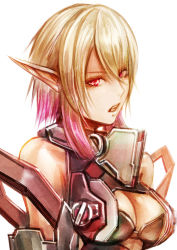 Rule 34 | 1girl, blonde hair, breasts, character request, cleavage, cleavage cutout, clothing cutout, gradient hair, hair between eyes, looking at viewer, medium breasts, multicolored hair, open mouth, pink hair, pointy ears, red eyes, short hair, simple background, solo, sushi (sashimise), upper body, white background