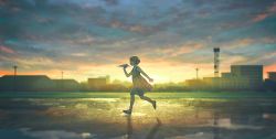 Rule 34 | 1girl, backlighting, blurry, brown hair, building, child, city, cloud, cloudy sky, commentary, depth of field, dress, closed eyes, happy, hiko (scape), light particles, original, paper airplane, playing, profile, puddle, reflection, running, scenery, shadow, short hair, sky, sleeveless, sleeveless dress, solo, sunlight, sunset, utility pole, water