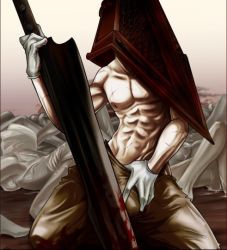 Rule 34 | blood, gloves, muscular, pyramid head, scar, silent hill, sword, topless, weapon