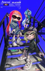 Rule 34 | alternate costume, ange-yi, aqua hair, bandana, black shorts, blue background, blue eyes, braid, closed mouth, ear piercing, english text, fangs, from side, green bandana, green hair, green jacket, hand on own hip, headphones, highres, sports sandals, inkling, inkling girl, inkling player character, jacket, jewelry, leaning back, looking at viewer, nintendo, open mouth, orange eyes, piercing, ring, sandals, shirt, shoes, shorts, single braid, sitting, sneakers, splatoon (series), squid, stairs, sticker, suction cups, sunglasses, tentacle hair, white shirt
