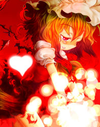 Rule 34 | 1girl, blonde hair, danmaku, female focus, flandre scarlet, hat, heart, light, light particles, looking down, magic, open mouth, red eyes, short hair, smile, solo, sumisu (mondo), touhou, wings