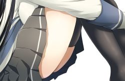 Rule 34 | 10s, 1girl, black hair, black thighhighs, breasts, check commentary, commentary request, female focus, gloves, grey skirt, highres, hugging own legs, isokaze (kancolle), kantai collection, large breasts, long hair, ohiya, pleated skirt, school uniform, serafuku, simple background, single thighhigh, sitting, skirt, solo, thighhighs, thighs, uniform, white background, white gloves