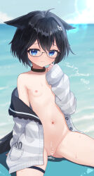 Rule 34 | 1girl, ahoge, animal collar, animal ear fluff, animal ears, beach, black hair, blue eyes, blush, breasts, censored, cleft of venus, clothes down, collar, cum, cum on body, cum on clothes, double-parted bangs, ears down, glasses, hair ornament, highres, jacket, looking at viewer, naked jacket, navel, nipples, nude, original, pussy, scribble censor, sese nagi, sitting, small breasts, solo, sweat, tail, thighs, wariza, wavy mouth, white jacket