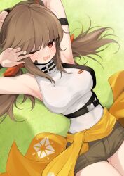 Rule 34 | 1girl, armpits, arms up, breasts, brown hair, clothes around waist, falcon (girls&#039; frontline), girls&#039; frontline, girls&#039; frontline neural cloud, highres, lying, medium breasts, ohichi16, on back, one eye closed, red eyes, short shorts, shorts, sleepy, sleeveless, sockdolager (neural cloud), solo