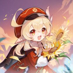 Rule 34 | 1girl, :d, autumnlll, backpack, bag, blonde hair, blush, child, dress, flower, genshin impact, hair between eyes, hat feather, highres, holding, holding flower, klee (genshin impact), long sleeves, open mouth, pointy ears, red dress, red eyes, red headwear, sidelocks, sky, smile, solo, sunflower
