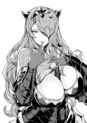 Rule 34 | 1girl, armor, bad id, bad twitter id, black armor, breasts, camilla (fire emblem), cleavage, finger to mouth, fire emblem, fire emblem fates, fire emblem heroes, greyscale, hair over eyes, hair over one eye, hand on own chest, large breasts, lips, long hair, looking at viewer, messatsu tan, monochrome, nintendo, one eye covered, parted lips, simple background, smile, solo, tiara, wavy hair, white background