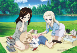 Rule 34 | 3girls, artist request, black footwear, blanket, blonde hair, blue eyes, blue shirt, blue sky, book, book stack, brown footwear, brown hair, clara (girls und panzer), closed eyes, closed mouth, cloud, coffee, cookie, cup, day, dress, food, girls und panzer, girls und panzer gekijouban, grass, grey dress, hand in own hair, highres, holding, holding cup, katyusha (girls und panzer), kneeling, light rays, long hair, lying, medium hair, multiple girls, nonna (girls und panzer), official art, on side, open book, outdoors, overalls, parted lips, picnic, pine tree, plate, pond, shirt, sitting, skirt, sky, sleeping, smile, table, tree, wariza, water, white shirt, white skirt