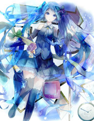 Rule 34 | 1girl, :o, absurdres, arm ribbon, blue eyes, blue hair, blue theme, bolo tie, boots, bow, bug, butterfly, clock, detached sleeves, dress, floating, frilled skirt, frills, hair bow, hatsune miku, heart, heart-shaped pupils, highres, bug, leg ribbon, long hair, matching hair/eyes, necktie, picture frame, ribbon, skirt, solo, star (symbol), symbol-shaped pupils, tablet pc, tattoo, thigh boots, thighhighs, twintails, very long hair, vocaloid, zzzzxxx2010nian