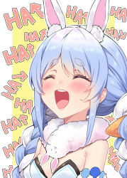 Rule 34 | 1girl, animal ear fluff, animal ears, blue hair, blush, braid, closed eyes, commentary, detached sleeves, don-chan (usada pekora), extra ears, food-themed hair ornament, hair ornament, hololive, laughing, long hair, multicolored hair, mushi024, open mouth, outside border, portrait, rabbit ears, scarf, sidelocks, solo, swept bangs, twin braids, two-tone hair, usada pekora, usada pekora (1st costume), virtual youtuber, white hair, white scarf