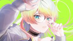 Rule 34 | 1girl, absurdres, aqua eyes, arm up, blonde hair, choker, closed mouth, crying, crying with eyes open, diamond-shaped pupils, diamond (shape), glasses, green background, grey sweater, hand up, highres, lace, lace choker, long hair, long sleeves, looking at viewer, melissa kinrenka, multicolored hair, nail polish, nijisanji, orange hair, orange nails, portrait, sinomi, solo, sweater, symbol-shaped pupils, tears, virtual youtuber