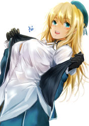 Rule 34 | 1girl, atago (kancolle), beret, black gloves, blonde hair, blue hat, blush, breasts, dutch angle, gloves, green eyes, hair between eyes, hat, highres, jacket, kantai collection, large breasts, long hair, looking at viewer, military, military uniform, mizuya chiharu, open clothes, open jacket, open mouth, shirt, signature, skirt, smile, solo, uniform, white shirt