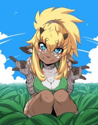 Rule 34 | 1girl, animal ears, blonde hair, blue eyes, blue sky, body fur, breasts, cleavage, commentary, day, deer ears, english commentary, food, fruit, furry, furry female, hand wraps, horns, hushabye, looking at viewer, m/, medium breasts, monster girl, original, ponytail, short eyebrows, sidelocks, sky, smile, solo, watermelon