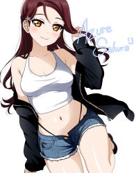 Rule 34 | 1girl, absurdres, artist name, azuresakura, bare shoulders, black footwear, black jacket, blush, breasts, closed mouth, collarbone, commentary request, cowboy shot, crop top, dark red hair, denim, denim shorts, hair behind ear, hair ornament, hairclip, hand in own hair, hand up, highleg, highleg panties, highres, jacket, knee up, long hair, long sleeves, looking at viewer, love live!, love live! sunshine!!, medium breasts, midriff, navel, open clothes, open fly, open jacket, panties, sakurauchi riko, short shorts, shorts, signature, smile, solo, star (symbol), star hair ornament, tank top, underwear, white background, white tank top, yellow eyes