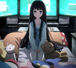 Rule 34 | black hair, computer, kami-sama no memo-chou, long hair, screencap, shionji yuuko, sitting, stitched, stuffed animal, stuffed toy, teddy bear, thighhighs, third-party edit