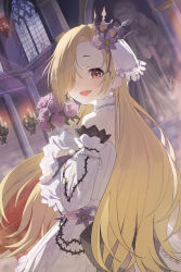 Rule 34 | 1girl, absurdres, applepie (12711019), bare shoulders, blonde hair, blush, bouquet, candle, candlelight, candlestand, crown, detached collar, detached sleeves, dress, earrings, fang, floral print, flower, frilled dress, frills, hair flower, hair ornament, hair over one eye, highres, holding, holding bouquet, idolmaster, idolmaster cinderella girls, idolmaster cinderella girls starlight stage, indoors, jewelry, long sleeves, looking at viewer, mini crown, necklace, open mouth, pearl necklace, pink flower, pink rose, red eyes, rose, shirasaka koume, short hair, sleeves past wrists, smile, solo, stairs, statue, thorns, white dress, window