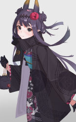 Rule 34 | 1girl, absurdres, black eyes, black gloves, black hair, black kimono, black scarf, blunt bangs, braid, braided bun, commentary, english commentary, floral print, flower, gloves, hair bun, hair flower, hair ornament, half gloves, haori, headpiece, highres, hololive, hololive english, horns, japanese clothes, jia ma, kimono, long hair, long sleeves, looking at viewer, mole, mole under eye, ninomae ina&#039;nis, ninomae ina&#039;nis (new year), official alternate costume, pointy ears, pouch, print kimono, red flower, scarf, shippou (pattern), simple background, smile, solo, striped clothes, striped scarf, takodachi (ninomae ina&#039;nis), virtual youtuber, white background