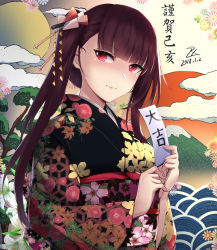 Rule 34 | 1girl, black kimono, blush, braid, breasts, dated, floral print, french braid, girls&#039; frontline, hair ornament, hair ribbon, half updo, highres, holding, japanese clothes, kimono, large breasts, long hair, looking at viewer, obi, one side up, purple hair, red eyes, red ribbon, ribbon, sash, signature, solo, tsurime, very long hair, wa2000 (girls&#039; frontline), zhishi ge fangzhang