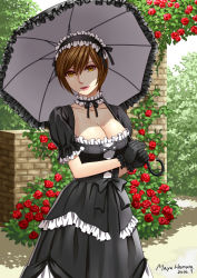 Rule 34 | 1girl, black dress, breasts, brown eyes, brown hair, cleavage, dress, flower, frilled dress, frills, gothic lolita, hairband, hamura mayu, large breasts, lolita fashion, lolita hairband, meiko (vocaloid), short hair, solo, umbrella, vocaloid