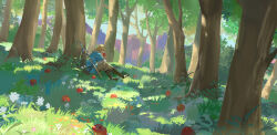 Rule 34 | 1boy, absurdres, apple, blue tunic, eating, food, fruit, grass, highres, light brown hair, link, nature, nintendo, ruoruoqiuu, scenery, short ponytail, sitting, solo, sword, the legend of zelda, the legend of zelda: breath of the wild, tree, weapon, wide shot