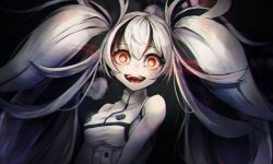 Rule 34 | 1girl, abyssal ship, colored skin, crazy smile, escort water princess, fangs, glowing, glowing eyes, hair between eyes, kajaneko, kantai collection, long hair, multicolored hair, open mouth, red eyes, saliva, smile, solo, twintails, white hair, white skin