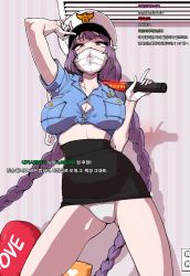 Rule 34 | 1girl, bad id, bad pixiv id, braid, breasts, cleavage, counter:side, female focus, gloves, happening18, hat, highres, korean commentary, korean text, lee yumi (counter:side), livestream, long hair, looking at viewer, mask, mouth mask, open mouth, panties, pencil skirt, police, police uniform, purple hair, red eyes, skirt, solo, twin braids, underwear, uniform, very long hair, white gloves, white panties