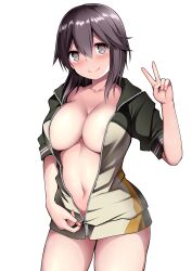 Rule 34 | 1girl, absurdres, areola slip, blush, breasts, brown eyes, brown hair, cleavage, commentary request, green jacket, hair between eyes, halterneck, hayasui (kancolle), highres, jacket, kantai collection, kuromayu, large breasts, looking at viewer, naked jacket, open clothes, open jacket, partially unzipped, short hair, simple background, smile, solo, v, white background