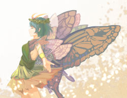 Rule 34 | 1girl, antennae, aqua hair, butterfly wings, closed mouth, cloud, dress, eternity larva, fairy, feet out of frame, furahata gen, green dress, highres, insect wings, leaf, leaf on head, multicolored clothes, multicolored dress, short hair, single strap, smile, solo, touhou, wings