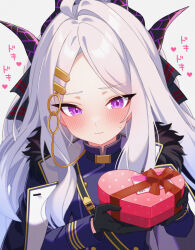 Rule 34 | 1girl, aiguillette, black coat, black gloves, black horns, blue archive, blush, box, breasts, closed mouth, coat, coat on shoulders, commentary request, demon horns, fur-trimmed coat, fur trim, gift, gift box, gloves, grey hair, heart-shaped box, highres, hina (blue archive), holding, holding gift, horns, karaage (xxxmido02), long hair, long sleeves, looking at viewer, multiple horns, parted lips, purple eyes, simple background, small breasts, solo, upper body, white background