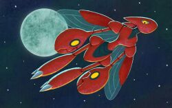 animal_focus contest_winner creatures_(company) flying full_body full_moon game_freak gen_2_pokemon hashi96 insect_wings moon night night_sky nintendo no_humans official_art pincers pokemon pokemon_(creature) pokemon_tcg scizor second-party_source sky solo star_(sky) wings yellow_eyes