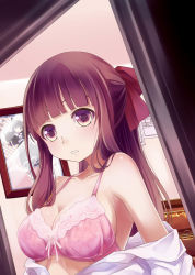 Rule 34 | 1girl, 54hao, absurdres, bad id, bad pixiv id, bare shoulders, bedroom, blunt bangs, blush, bow, bow bra, bra, breasts, brown eyes, brown hair, cabinet, cleavage, clothes pull, collarbone, doorway, dress shirt, dutch angle, hair bow, highres, long hair, looking at viewer, medium breasts, original, parted lips, photo (object), picture frame, pink bow, pink bra, ponytail, red bow, shirt, shirt pull, sideboob, sidelocks, solo, tareme, underwear, upper body