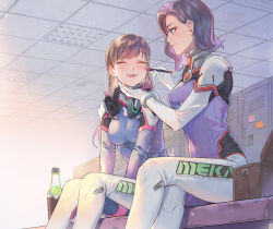 Rule 34 | 2girls, applying makeup, bench, blush, bodysuit, bottle, breasts, brown hair, commentary request, crossed legs, d.mon (overwatch), d.va (overwatch), earrings, closed eyes, facepaint, hand on another&#039;s chin, happy, headphones, highres, jewelry, lino chang, locker, locker room, long hair, looking at another, makeup, marker, medium breasts, meka (overwatch), multiple girls, overwatch, overwatch 1, plugsuit, purple hair, short hair, sitting, smile, soda, soda bottle, touching another&#039;s chin