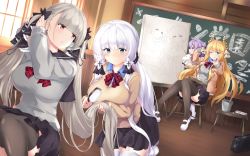 Rule 34 | 4girls, arashiki mamizu, azur lane, beige sweater, black legwear, black skirt, blonde hair, blue eyes, blue shirt, blush, bow, bowtie, breasts, brushing another&#039;s hair, brushing hair, classroom, closed mouth, collared shirt, comic, commentary request, formidable (azur lane), grey hair, grey sweater, hair brush, hair bun, hair ornament, hair ribbon, highres, holding, holding brush, illustrious (azur lane), indoors, large breasts, laurel crown, long hair, low ponytail, mole, mole under eye, multiple girls, nail polish, one side up, pantyhose, parted lips, purple eyes, purple hair, purple nails, red eyes, red neckwear, ribbon, school uniform, shirt, single hair bun, skirt, smile, stuffed animal, stuffed toy, stuffed unicorn, sweater, thighhighs, twintails, tying hair, unicorn (azur lane), very long hair, victorious (azur lane), white footwear, white hair