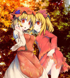 Rule 34 | 2girls, aki minoriko, aki shizuha, ass, autumn, autumn leaves, blonde hair, breasts, clothes lift, dress, food, food on head, from behind, fruit, grapes, hat, killing, leaf, leaf on head, long sleeves, maple leaf, mob cap, multiple girls, object on head, open mouth, red eyes, shirt, short hair, siblings, sisters, skirt, skirt lift, small breasts, tongue, tongue out, touhou