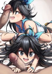 Rule 34 | 1girl, :d, absurdres, ahoge, artist request, bare shoulders, black eyes, black hair, cheerleader, clothed female nude male, commission, counter:side, crop top, erection, hair between eyes, hair ribbon, heavy breathing, hetero, highres, imminent fellatio, long hair, looking at viewer, lying, midriff, miniskirt, motion lines, multiple views, nude, on stomach, open mouth, penis, ribbon, sailor collar, second-party source, shirt, skirt, sky layfield, sleeveless, sleeveless shirt, smile, spread legs, sweat, thighs, uncensored, veins, veiny penis, white shirt